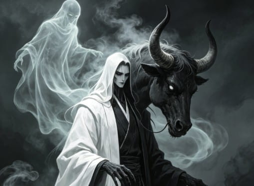 Ethereal Bull & Grim Reaper Statue: Dark Afterlife Decor