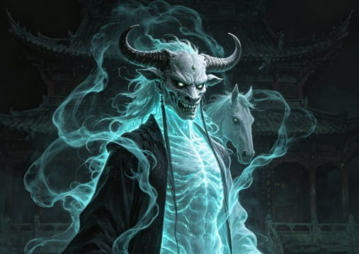 Ox-Head Underworld Guardian with Horse Spirit: Mythic Gothic Decor